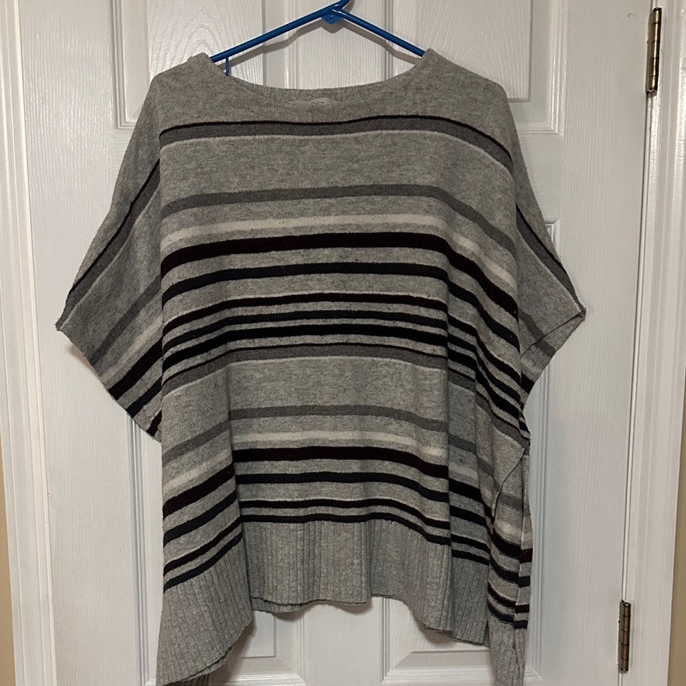LOFT Gray burgundy , and Black and white Striped Poncho